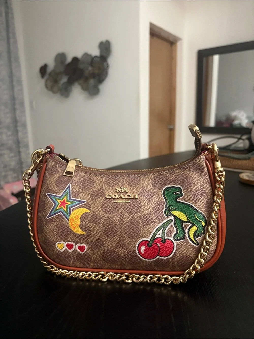 Coach Brown Signature Mini Bag with Colorful Patch Motifs